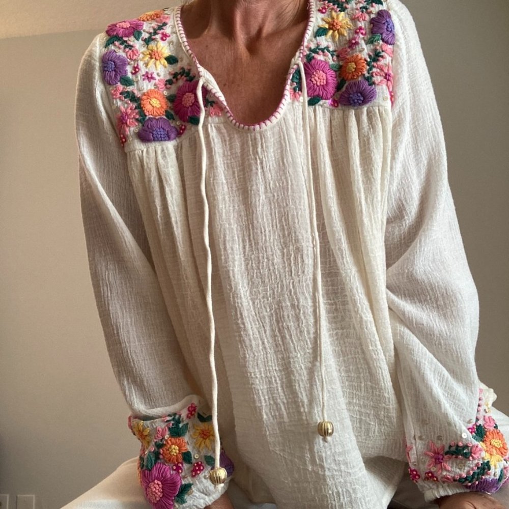 Belle by Alicia Bell Top Small Cream with Embroidery Flowers